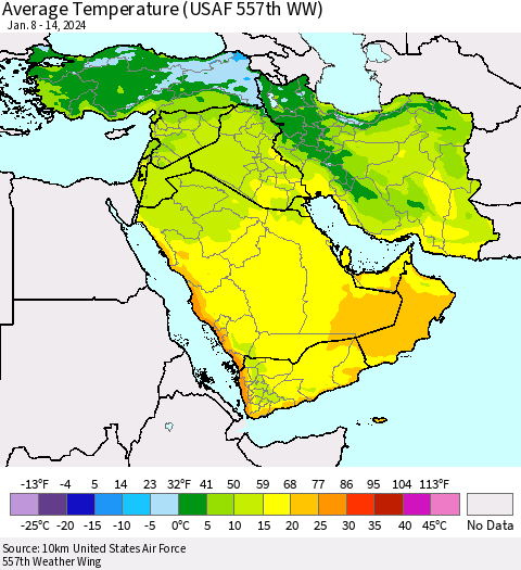 Middle East and Turkey Average Temperature (USAF 557th WW) Thematic Map For 1/8/2024 - 1/14/2024