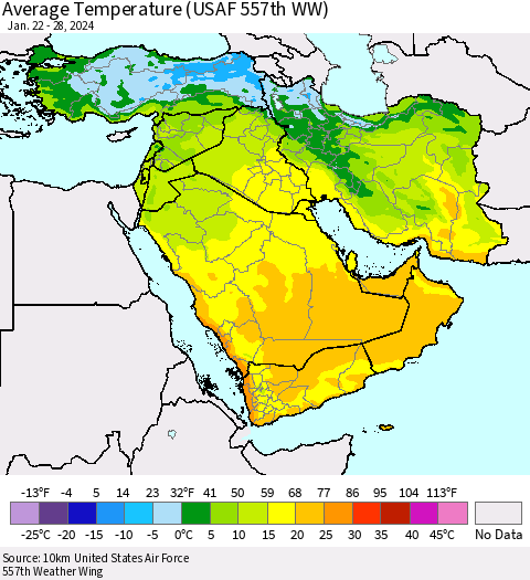 Middle East and Turkey Average Temperature (USAF 557th WW) Thematic Map For 1/22/2024 - 1/28/2024