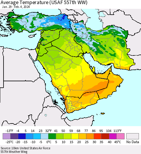 Middle East and Turkey Average Temperature (USAF 557th WW) Thematic Map For 1/29/2024 - 2/4/2024