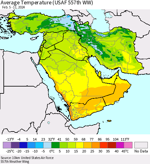 Middle East and Turkey Average Temperature (USAF 557th WW) Thematic Map For 2/5/2024 - 2/11/2024