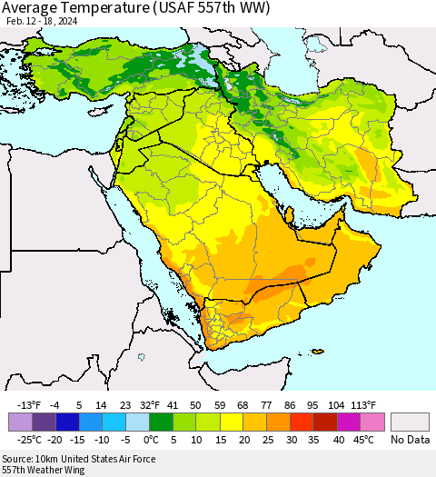 Middle East and Turkey Average Temperature (USAF 557th WW) Thematic Map For 2/12/2024 - 2/18/2024