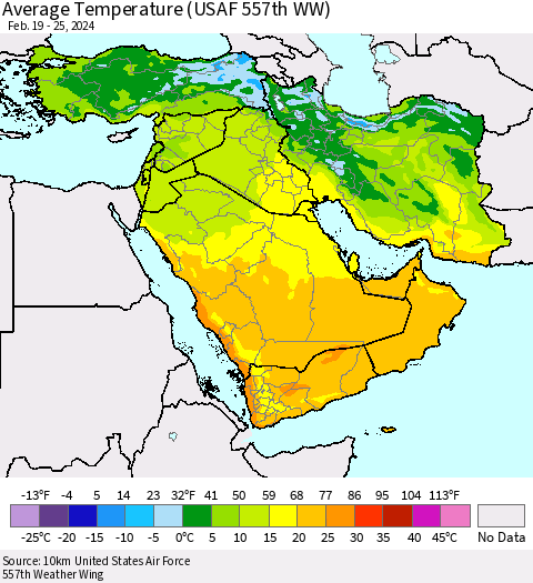 Middle East and Turkey Average Temperature (USAF 557th WW) Thematic Map For 2/19/2024 - 2/25/2024
