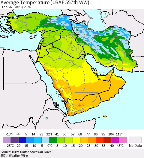 Middle East and Turkey Average Temperature (USAF 557th WW) Thematic Map For 2/26/2024 - 3/3/2024