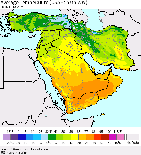 Middle East and Turkey Average Temperature (USAF 557th WW) Thematic Map For 3/4/2024 - 3/10/2024