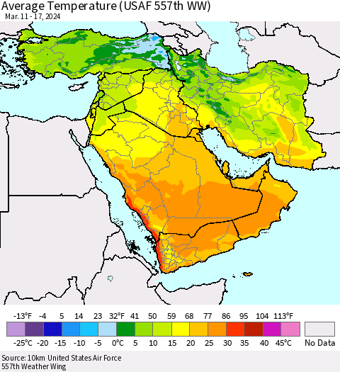 Middle East and Turkey Average Temperature (USAF 557th WW) Thematic Map For 3/11/2024 - 3/17/2024