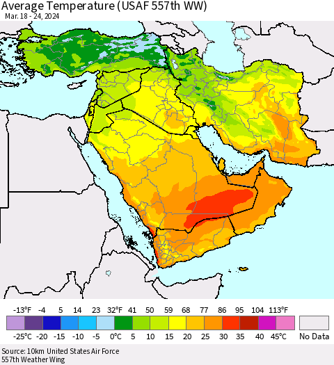 Middle East and Turkey Average Temperature (USAF 557th WW) Thematic Map For 3/18/2024 - 3/24/2024