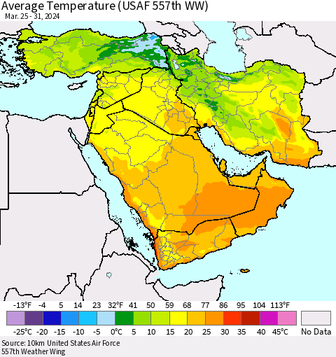 Middle East and Turkey Average Temperature (USAF 557th WW) Thematic Map For 3/25/2024 - 3/31/2024