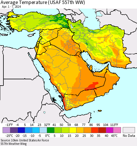 Middle East and Turkey Average Temperature (USAF 557th WW) Thematic Map For 4/1/2024 - 4/7/2024