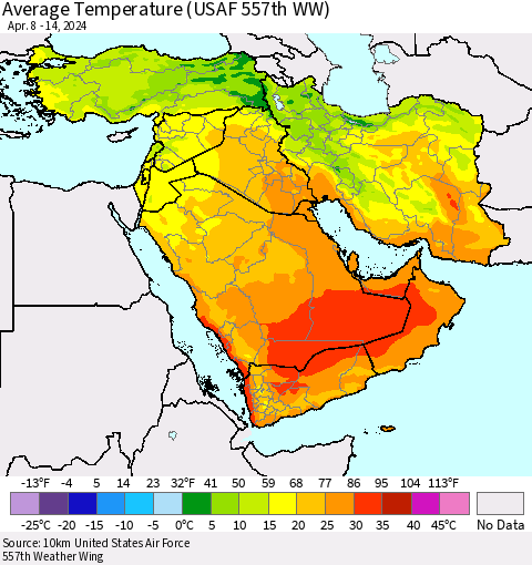Middle East and Turkey Average Temperature (USAF 557th WW) Thematic Map For 4/8/2024 - 4/14/2024