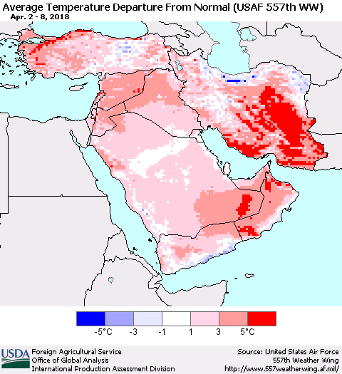 Middle East and Turkey Average Temperature Departure from Normal (USAF 557th WW) Thematic Map For 4/2/2018 - 4/8/2018
