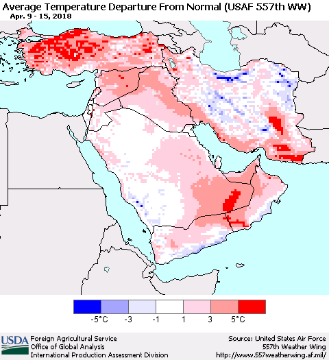 Middle East and Turkey Average Temperature Departure from Normal (USAF 557th WW) Thematic Map For 4/9/2018 - 4/15/2018