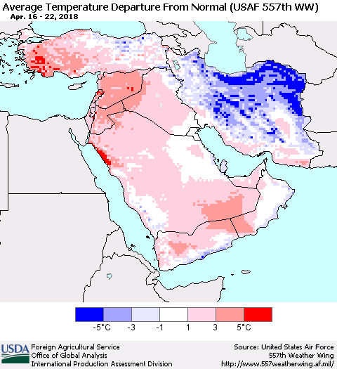 Middle East and Turkey Average Temperature Departure from Normal (USAF 557th WW) Thematic Map For 4/16/2018 - 4/22/2018