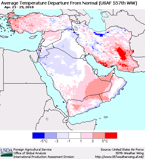 Middle East and Turkey Average Temperature Departure from Normal (USAF 557th WW) Thematic Map For 4/23/2018 - 4/29/2018