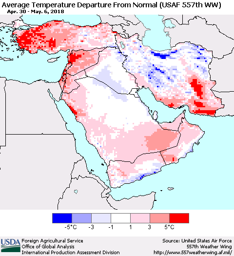 Middle East and Turkey Average Temperature Departure from Normal (USAF 557th WW) Thematic Map For 4/30/2018 - 5/6/2018