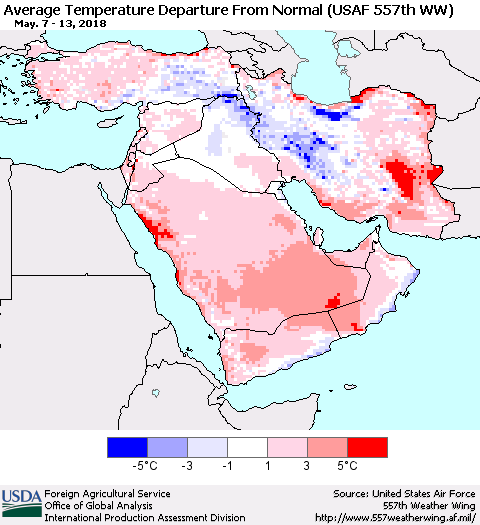 Middle East and Turkey Average Temperature Departure from Normal (USAF 557th WW) Thematic Map For 5/7/2018 - 5/13/2018