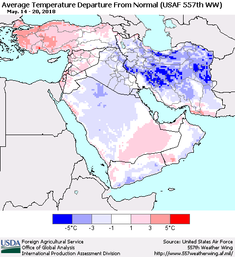 Middle East and Turkey Average Temperature Departure from Normal (USAF 557th WW) Thematic Map For 5/14/2018 - 5/20/2018