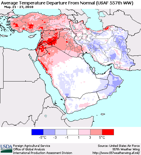 Middle East and Turkey Average Temperature Departure from Normal (USAF 557th WW) Thematic Map For 5/21/2018 - 5/27/2018