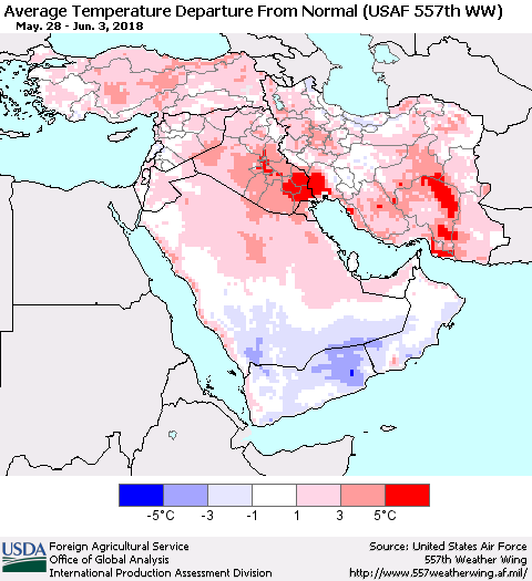 Middle East and Turkey Average Temperature Departure from Normal (USAF 557th WW) Thematic Map For 5/28/2018 - 6/3/2018