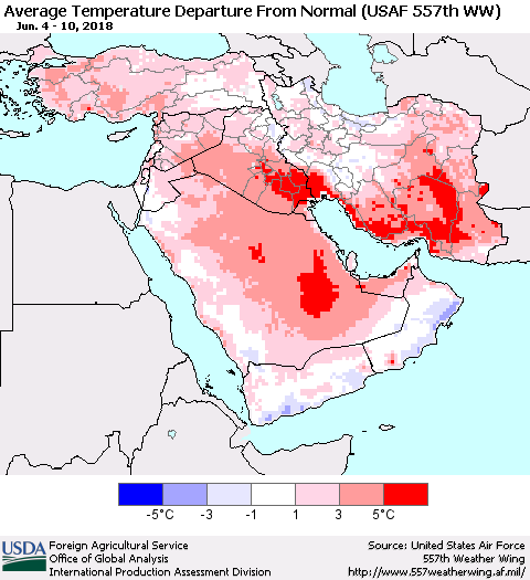 Middle East and Turkey Average Temperature Departure from Normal (USAF 557th WW) Thematic Map For 6/4/2018 - 6/10/2018