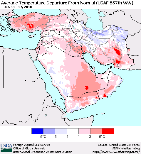 Middle East and Turkey Average Temperature Departure from Normal (USAF 557th WW) Thematic Map For 6/11/2018 - 6/17/2018
