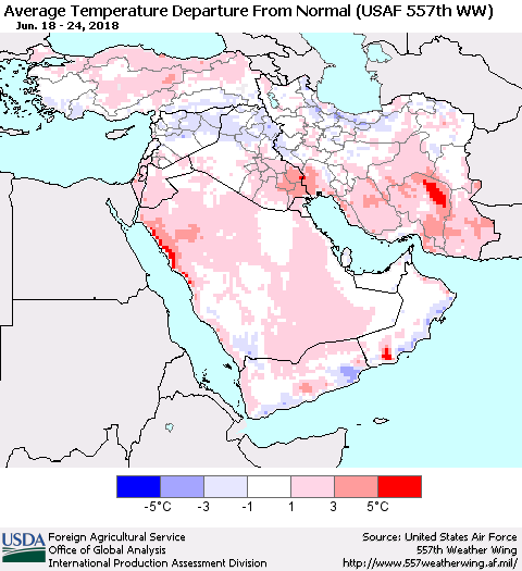 Middle East and Turkey Average Temperature Departure from Normal (USAF 557th WW) Thematic Map For 6/18/2018 - 6/24/2018