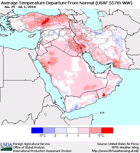 Middle East and Turkey Average Temperature Departure from Normal (USAF 557th WW) Thematic Map For 6/25/2018 - 7/1/2018