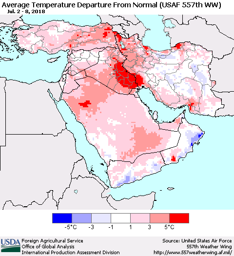 Middle East and Turkey Average Temperature Departure from Normal (USAF 557th WW) Thematic Map For 7/2/2018 - 7/8/2018