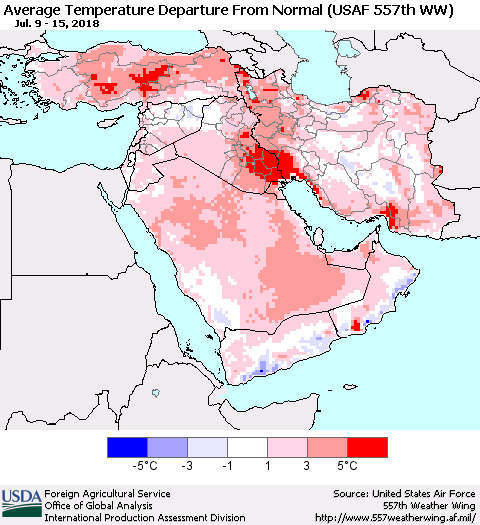 Middle East and Turkey Average Temperature Departure from Normal (USAF 557th WW) Thematic Map For 7/9/2018 - 7/15/2018