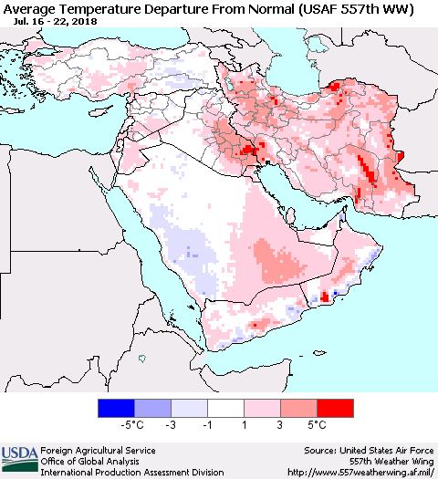 Middle East and Turkey Average Temperature Departure from Normal (USAF 557th WW) Thematic Map For 7/16/2018 - 7/22/2018