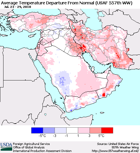 Middle East and Turkey Average Temperature Departure from Normal (USAF 557th WW) Thematic Map For 7/23/2018 - 7/29/2018