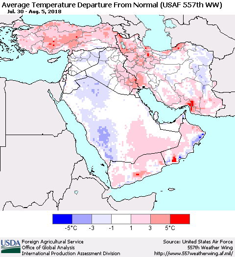 Middle East and Turkey Average Temperature Departure from Normal (USAF 557th WW) Thematic Map For 7/30/2018 - 8/5/2018