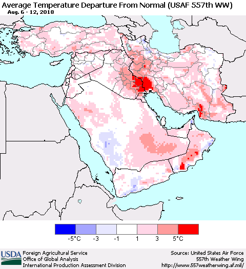 Middle East and Turkey Average Temperature Departure from Normal (USAF 557th WW) Thematic Map For 8/6/2018 - 8/12/2018