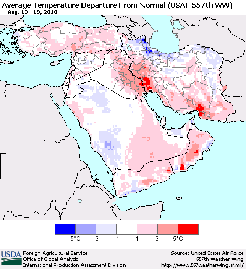 Middle East and Turkey Average Temperature Departure from Normal (USAF 557th WW) Thematic Map For 8/13/2018 - 8/19/2018