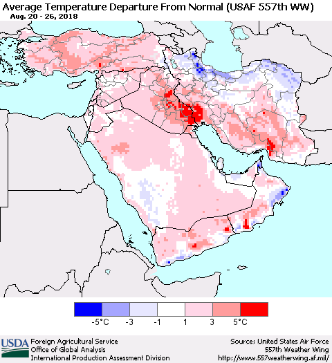 Middle East and Turkey Average Temperature Departure from Normal (USAF 557th WW) Thematic Map For 8/20/2018 - 8/26/2018