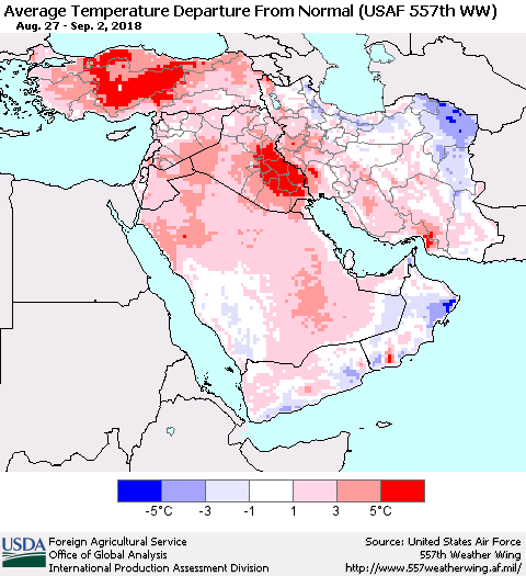 Middle East and Turkey Average Temperature Departure from Normal (USAF 557th WW) Thematic Map For 8/27/2018 - 9/2/2018