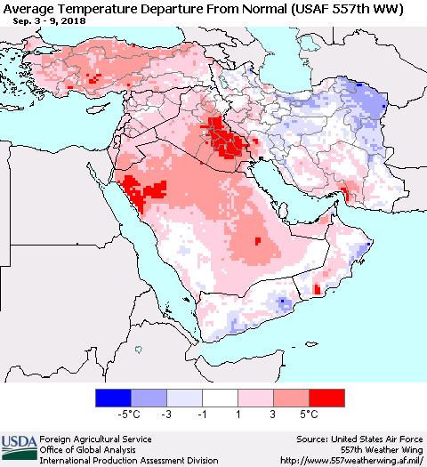 Middle East and Turkey Average Temperature Departure from Normal (USAF 557th WW) Thematic Map For 9/3/2018 - 9/9/2018