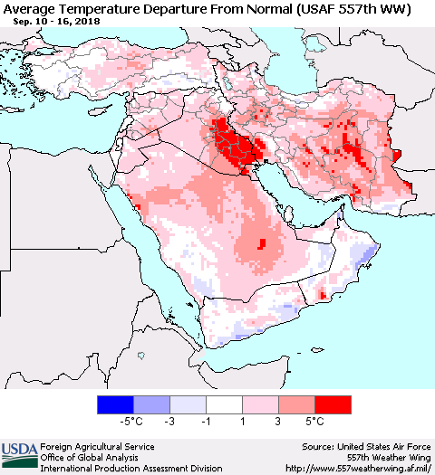 Middle East and Turkey Average Temperature Departure from Normal (USAF 557th WW) Thematic Map For 9/10/2018 - 9/16/2018