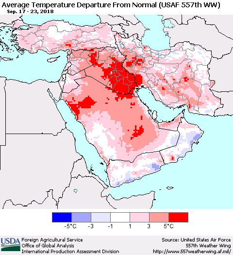 Middle East and Turkey Average Temperature Departure from Normal (USAF 557th WW) Thematic Map For 9/17/2018 - 9/23/2018