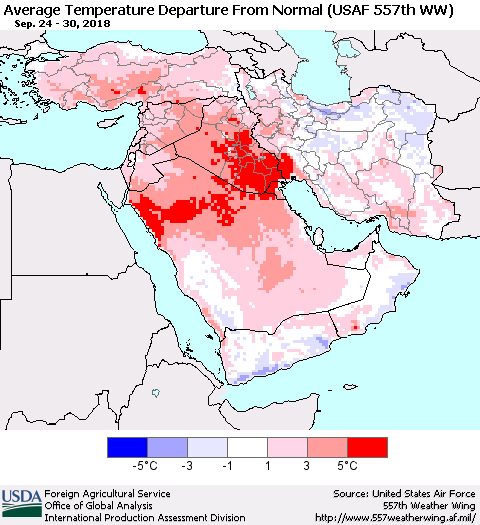 Middle East and Turkey Average Temperature Departure from Normal (USAF 557th WW) Thematic Map For 9/24/2018 - 9/30/2018