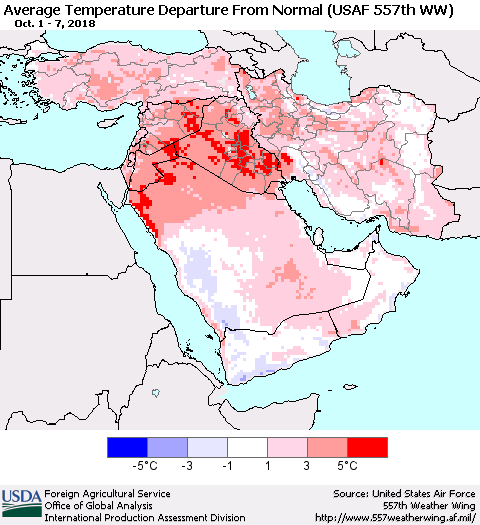 Middle East and Turkey Average Temperature Departure from Normal (USAF 557th WW) Thematic Map For 10/1/2018 - 10/7/2018