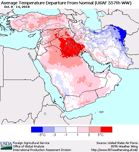 Middle East and Turkey Average Temperature Departure from Normal (USAF 557th WW) Thematic Map For 10/8/2018 - 10/14/2018