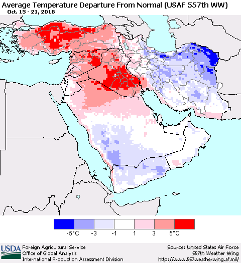 Middle East and Turkey Average Temperature Departure from Normal (USAF 557th WW) Thematic Map For 10/15/2018 - 10/21/2018