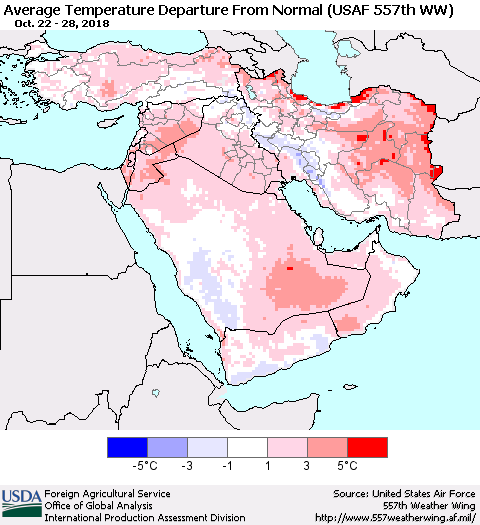 Middle East and Turkey Average Temperature Departure from Normal (USAF 557th WW) Thematic Map For 10/22/2018 - 10/28/2018