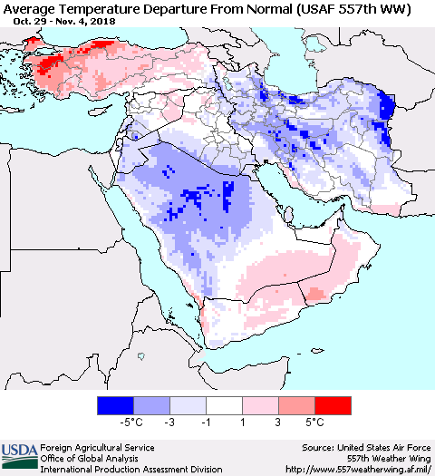 Middle East and Turkey Average Temperature Departure from Normal (USAF 557th WW) Thematic Map For 10/29/2018 - 11/4/2018