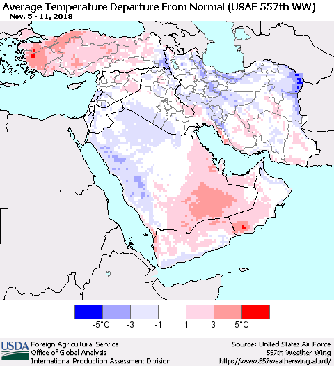 Middle East and Turkey Average Temperature Departure from Normal (USAF 557th WW) Thematic Map For 11/5/2018 - 11/11/2018