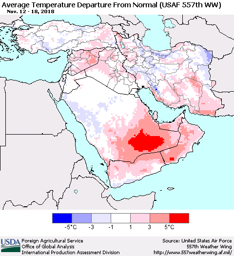 Middle East and Turkey Average Temperature Departure from Normal (USAF 557th WW) Thematic Map For 11/12/2018 - 11/18/2018