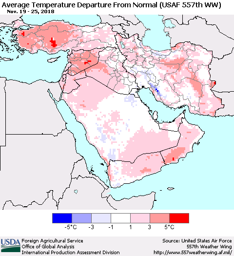 Middle East and Turkey Average Temperature Departure from Normal (USAF 557th WW) Thematic Map For 11/19/2018 - 11/25/2018