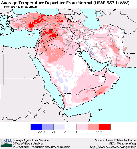 Middle East and Turkey Average Temperature Departure from Normal (USAF 557th WW) Thematic Map For 11/26/2018 - 12/2/2018