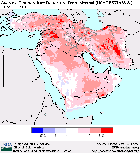 Middle East and Turkey Average Temperature Departure from Normal (USAF 557th WW) Thematic Map For 12/3/2018 - 12/9/2018