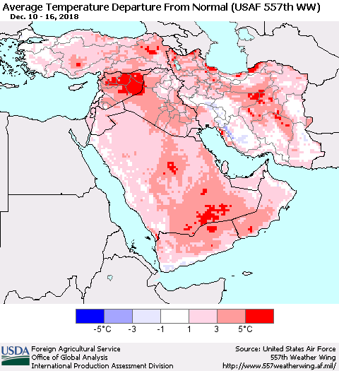 Middle East and Turkey Average Temperature Departure from Normal (USAF 557th WW) Thematic Map For 12/10/2018 - 12/16/2018